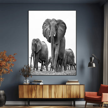 79634-MGV-CV-24X36-Elephant Herd Wall Art Canvas Print, Framed African Elephant Art Picture Print, Monochrome Wildlife Perfect Monochrome Safari