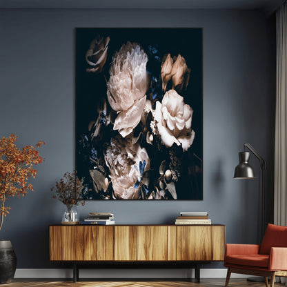 47195-MGV-CV-24X36-Moody Peonies Wall Art Canvas Print, Framed Dark Floral Art Picture Print, Creamy Rose Perfect Baroque Floral Decor Artwork