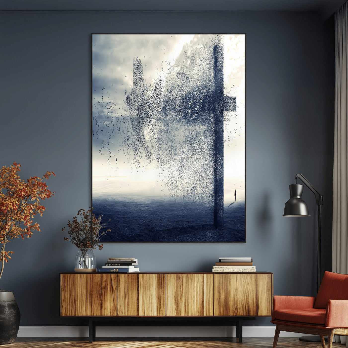 98984-MGV-CV-24X36-Disintegrating Cross Wall Art Canvas Print, Framed Abstract Symbol Art Picture Print, Conceptual Horizon Perfect Spiritual