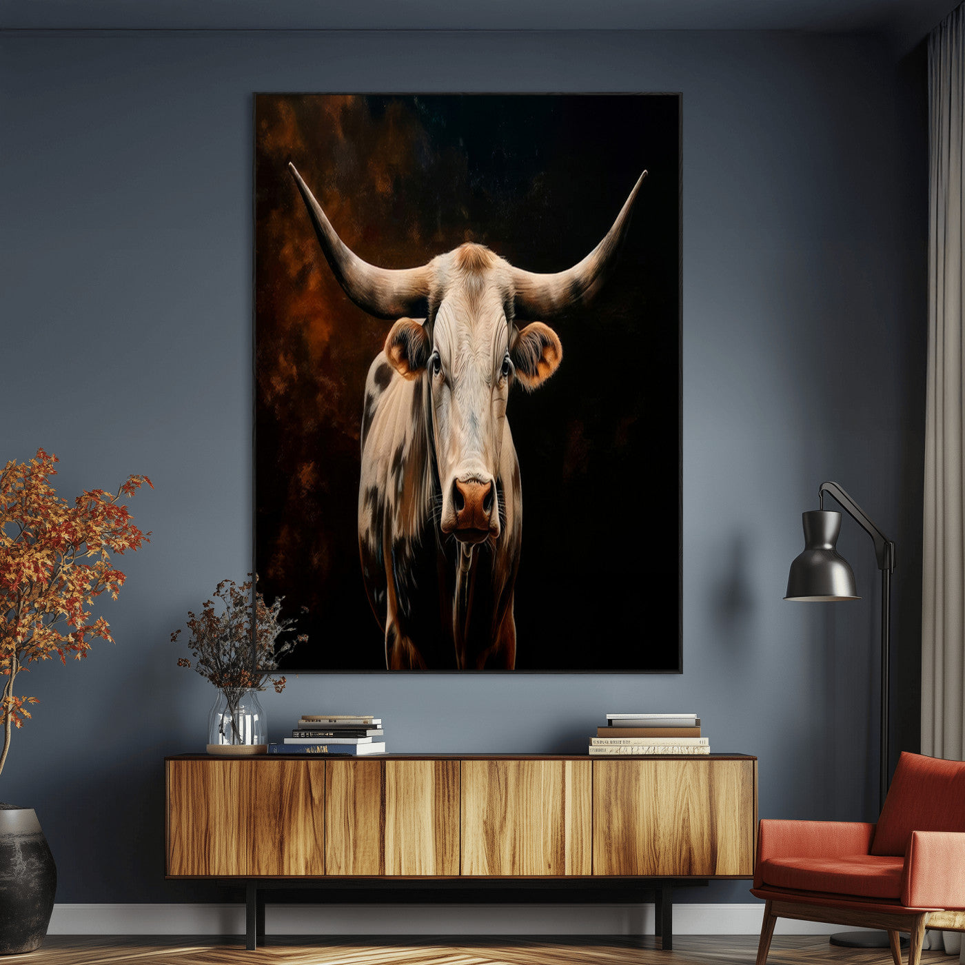 11823-MGV-CV-24X36-Texas Longhorn Wall Art Canvas Print, Framed Western Bull Art Picture Print, Rustic Cow Perfect Rustic Western Decor Artwork