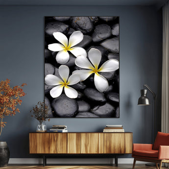 45657-MGV-CV-24X36-Large Wall Art White Flowers on Black Zen Meditation Stones Vertical Canvas Print