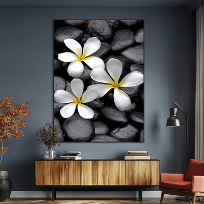 45657-MGV-CV-24X36-Large Wall Art White Flowers on Black Zen Meditation Stones Vertical Canvas Print