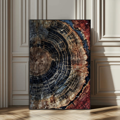 Test1-SEG-FC-51X34_Oversize_Oversize-Rustic Tree Ring Wall Art – Abstract Wood Grain Canvas Print, Natural Blue and Red Toned Artwork for Living Room, Bedroom, Office
