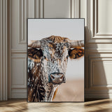 50803532-MGV-CV-24X36-Texas Longhorn Wall Art Canvas Print, Framed Speckled Cow Art Picture Print, Horned Bull Perfect Rustic Western Decor Artwork
