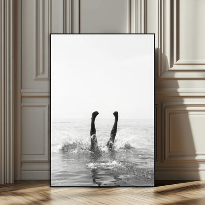 43900465-MGV-CV-24X36-Minimal Ocean Wall Art Canvas Print, Framed Monochrome Diving Art Picture Print, Swimmer in Sea Perfect Minimalist Coastal Decor