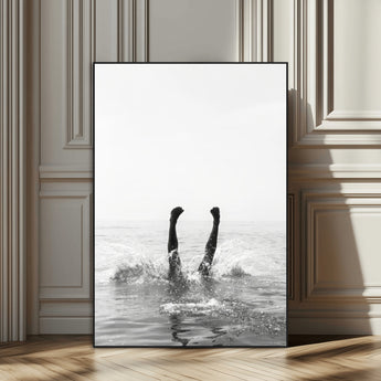 43900465-MGV-CV-24X36-Minimal Ocean Wall Art Canvas Print, Framed Monochrome Diving Art Picture Print, Swimmer in Sea Perfect Minimalist Coastal Decor