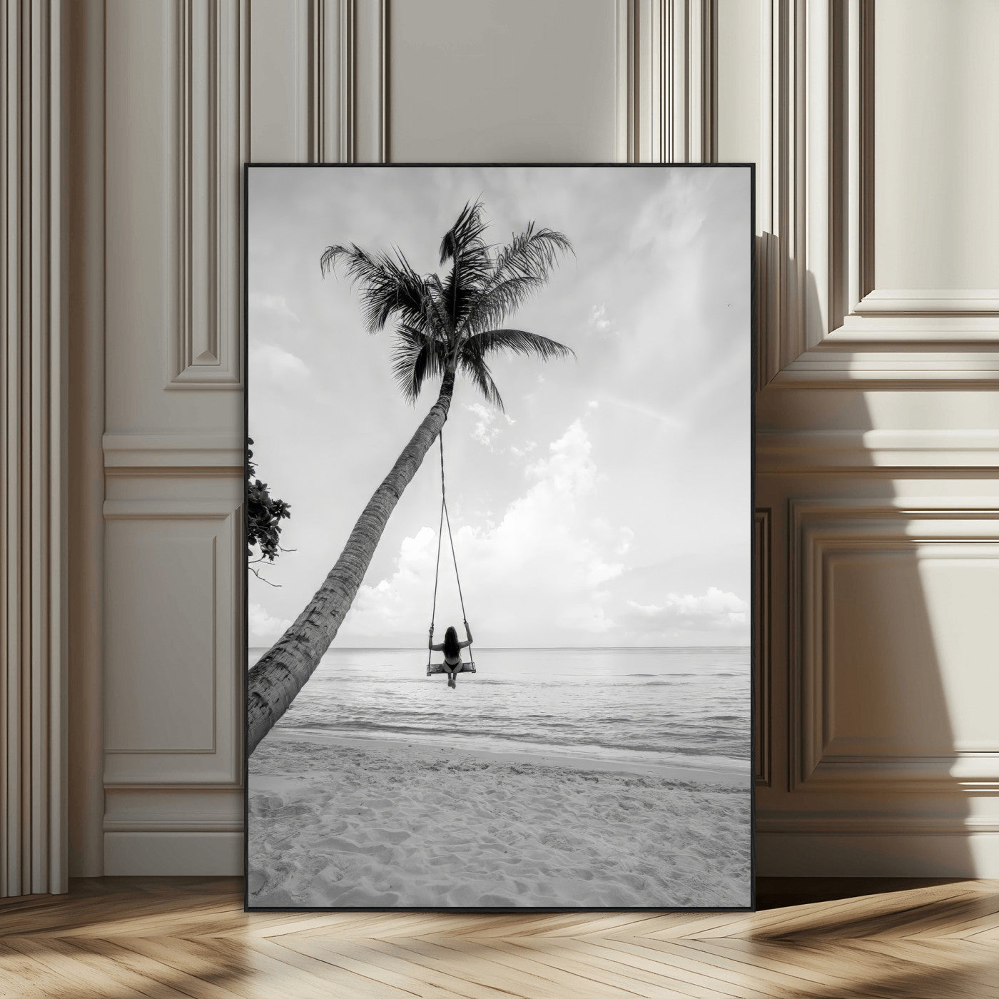 78460277-MGV-CV-24X36-Black White Palms Wall Art Canvas Print, Framed Beach Swing Art Picture Print, Monochrome Coastal Perfect Minimalist Coastal Decor