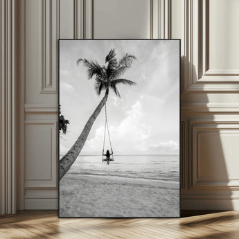 78460277-MGV-CV-24X36-Black White Palms Wall Art Canvas Print, Framed Beach Swing Art Picture Print, Monochrome Coastal Perfect Minimalist Coastal Decor