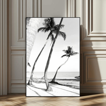 50406026-MGV-CV-24X36-Black White Palms Wall Art Canvas Print, Framed Tropical Beach Art Picture Print, Minimalist Coastal Perfect Coastal Minimalist