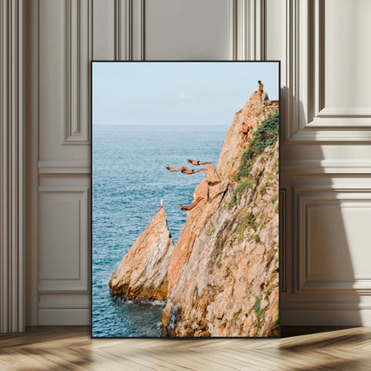 74527880-SEG-FC-51X34_Oversize_Oversize-Cliff Divers Wall Art Canvas Print, Framed Ocean Adventure Art Picture Print, Coastal Movement Perfect Adventurous Coastal Decor