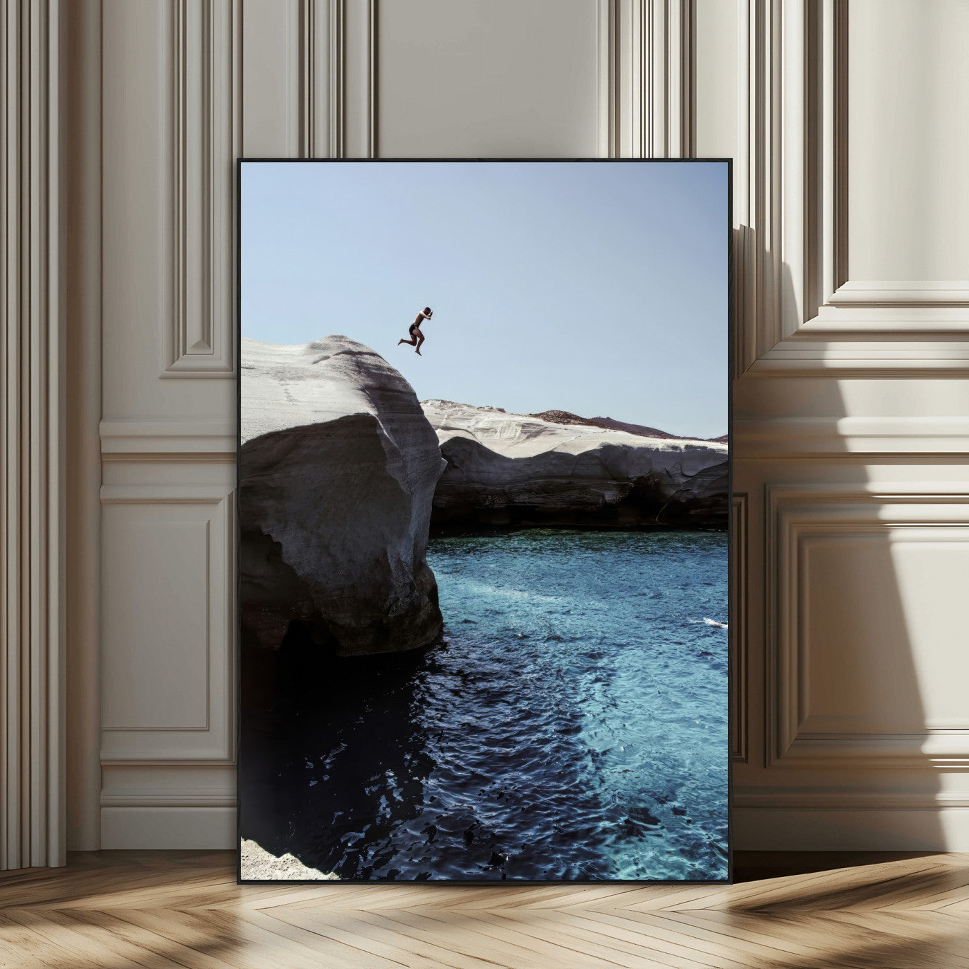 96853328-SEG-FC-51X34_Oversize_Oversize-Cliff Diving Wall Art Canvas Print, Framed Turquoise Sea Art Picture Print, Ocean Adventure Perfect Coastal Minimalist Decor