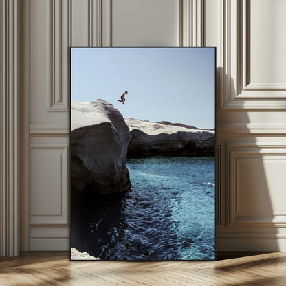 96853328-SEG-FC-51X34_Oversize_Oversize-Cliff Diving Wall Art Canvas Print, Framed Turquoise Sea Art Picture Print, Ocean Adventure Perfect Coastal Minimalist Decor