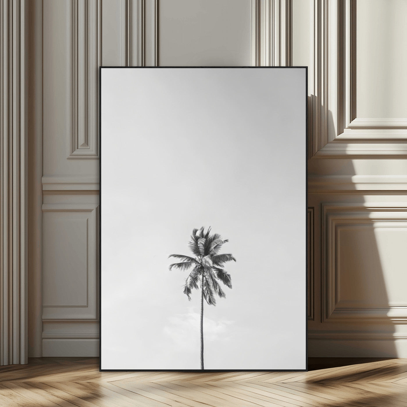 67263674-MGV-CV-24X36-Lone Palm Tree Wall Art Canvas Print, Framed Minimalist Tropical Art Picture Print, Monochrome Beach Perfect Modern Coastal