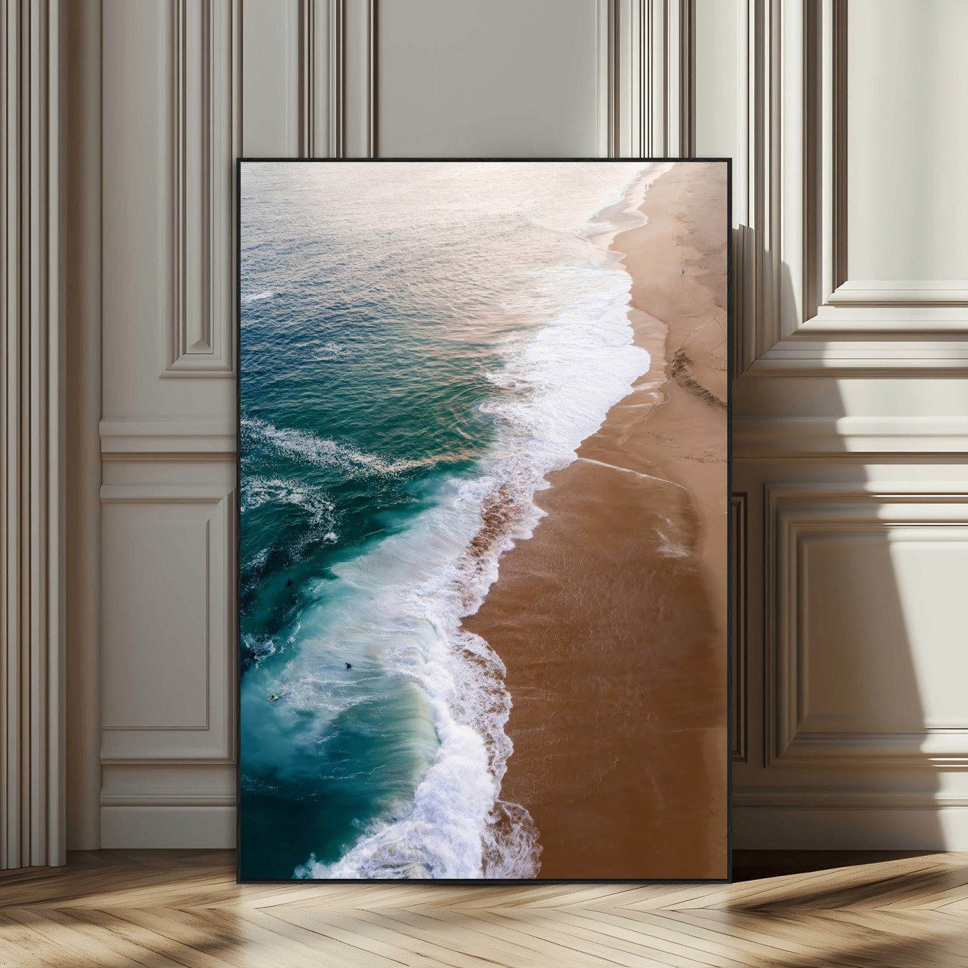 46042804-SEG-FC-51X34_Oversize_Oversize-Aerial Beach Wall Art Canvas Print, Framed Coastal Waves Art Picture Print, Turquoise Ocean Perfect Modern Coastal Decor Artwork