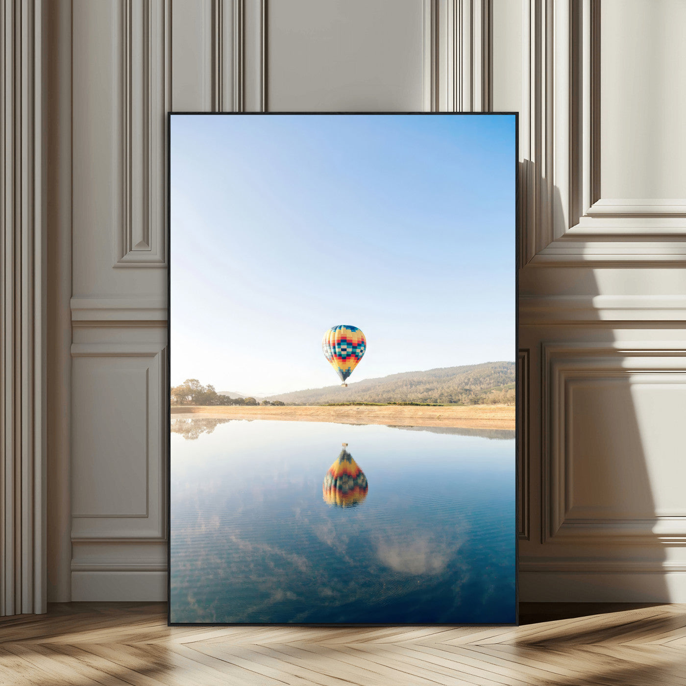 98091684-MGV-CV-24X36-Hot Air Balloon Wall Art Canvas Print, Framed Flight Reflection Art Picture Print, Peaceful Lakeside Perfect Modern Minimalist