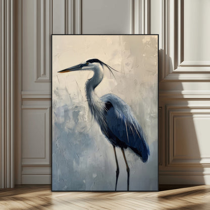 68368019-MGV-CV-24X36-Blue Heron Art Wall Art Canvas Print, Framed Crane Bird Painting Art Picture Print, Elegant Wildlife Scene Perfect Coastal