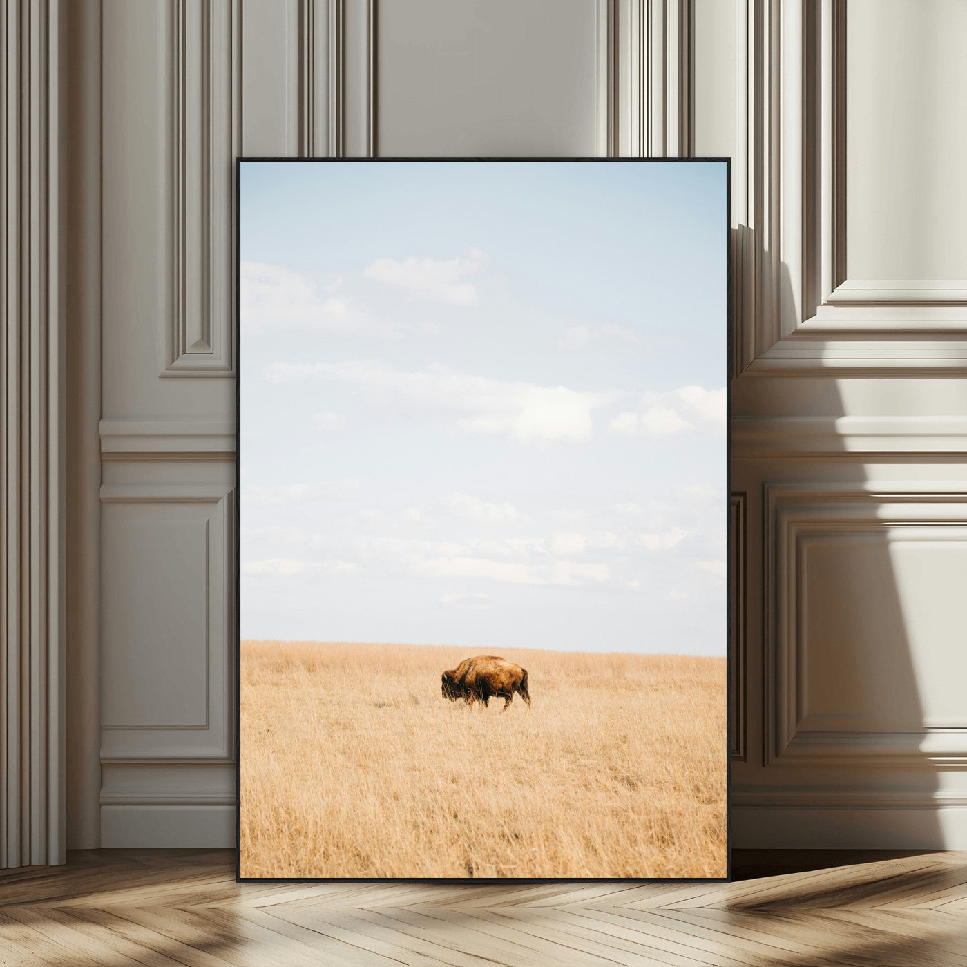 96766166-SEG-FC-51X34_Oversize_Oversize-Minimalist Nature Wall Art Canvas Print, Framed Bison In Grassland Art Picture Print, Open Field Perfect Modern Ranch Decor Decor