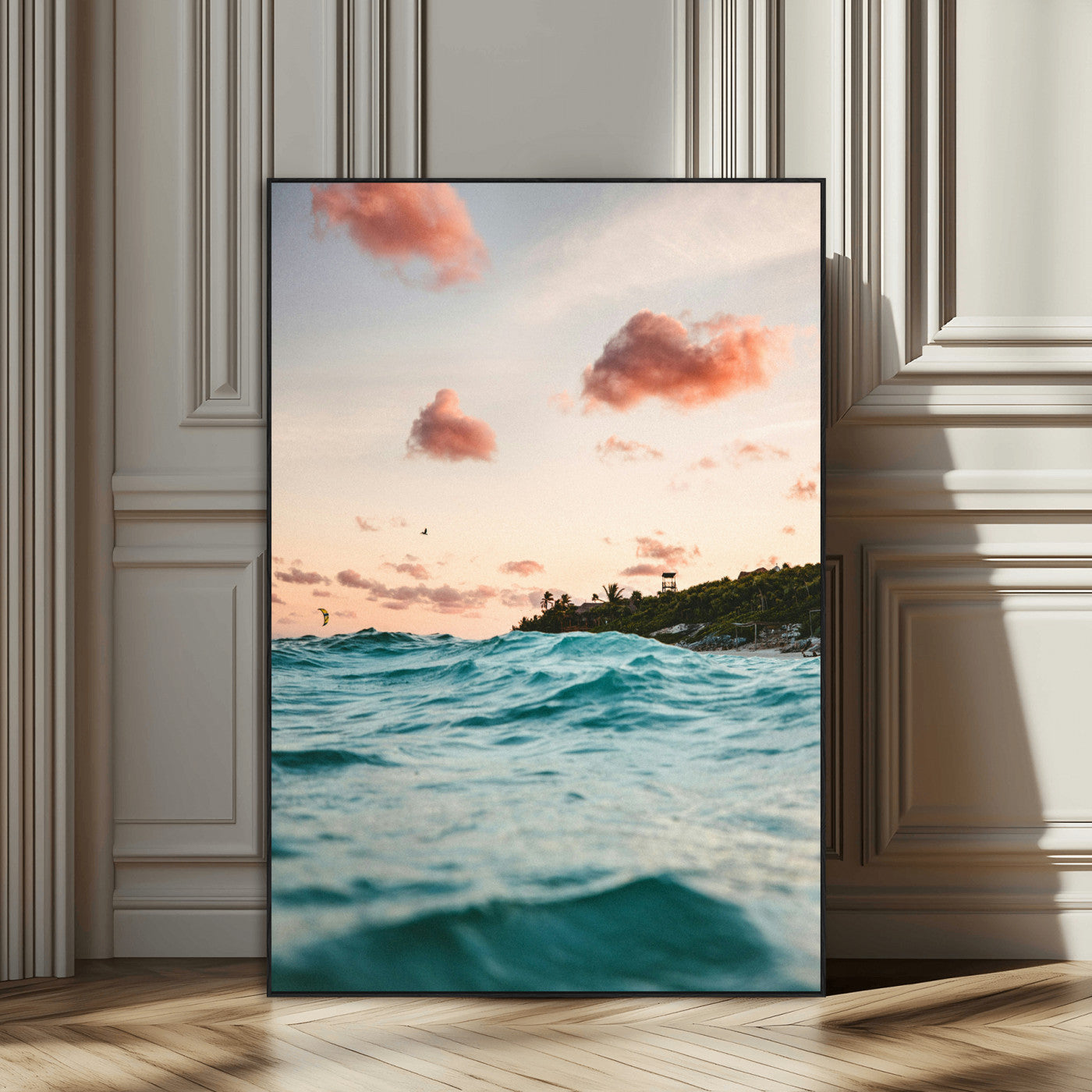 13960366-SEG-FC-51X34_Oversize_Oversize-Tropical Seascape Wall Art Canvas Print, Framed Sunset Ocean Art Picture Print, Coastal Aesthetic Perfect Coastal Bohemian Decor