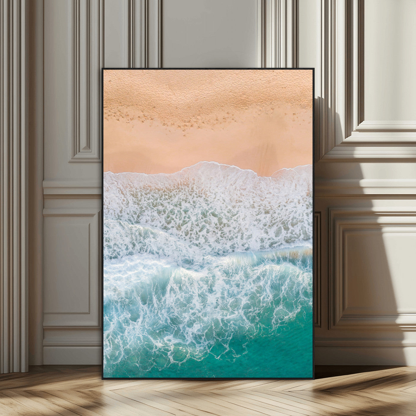 91434062-SEG-FC-51X34_Oversize_Oversize-Beach Aerial Wall Art Canvas Print, Framed Soft Waves Art Picture Print, Ocean Tranquility Perfect Coastal Minimalist Decor
