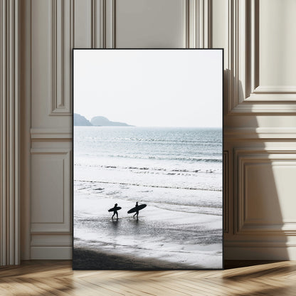 58090796-SEG-FC-51X34_Oversize_Oversize-Surfer Silhouettes Wall Art Canvas Print, Framed Minimalist Ocean Art Picture Print, Soft Horizon Perfect Minimalist Coastal Decor