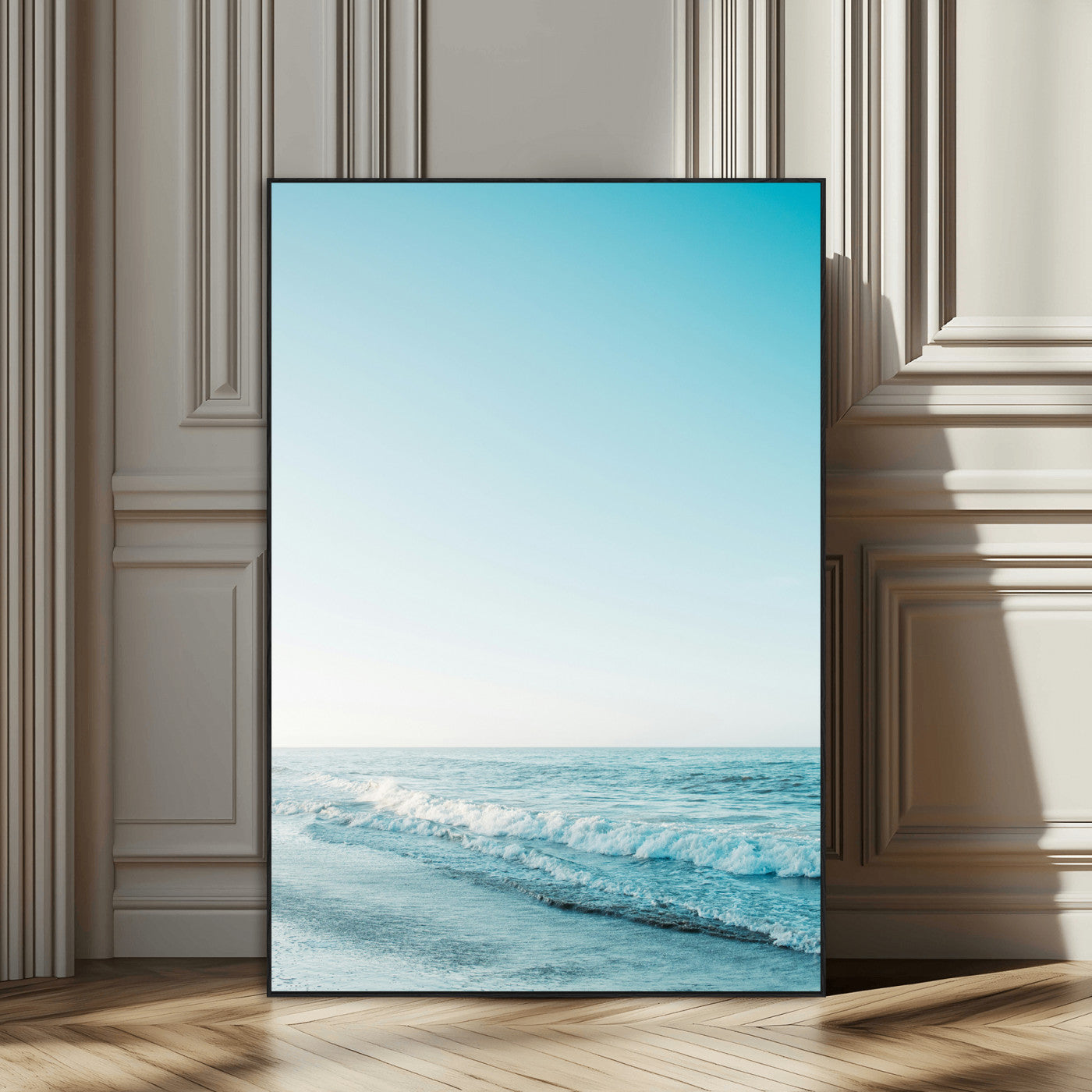 20189712-SEG-FC-51X34_Oversize_Oversize-Minimalist Ocean Wall Art Canvas Print, Framed Calm Seascape Art Picture Print, Soft Blue Tones Perfect Coastal Minimalist Decor