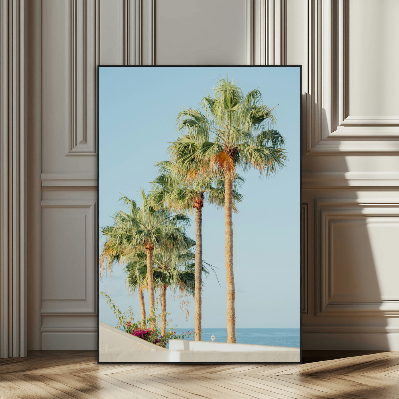 46777020-SEG-FC-51X34_Oversize_Oversize-Palm Tree Wall Art – Coastal Canvas Print with Tall Palms and Blue Sky, Minimal Tropical Photography, Relaxing Beach Decor for