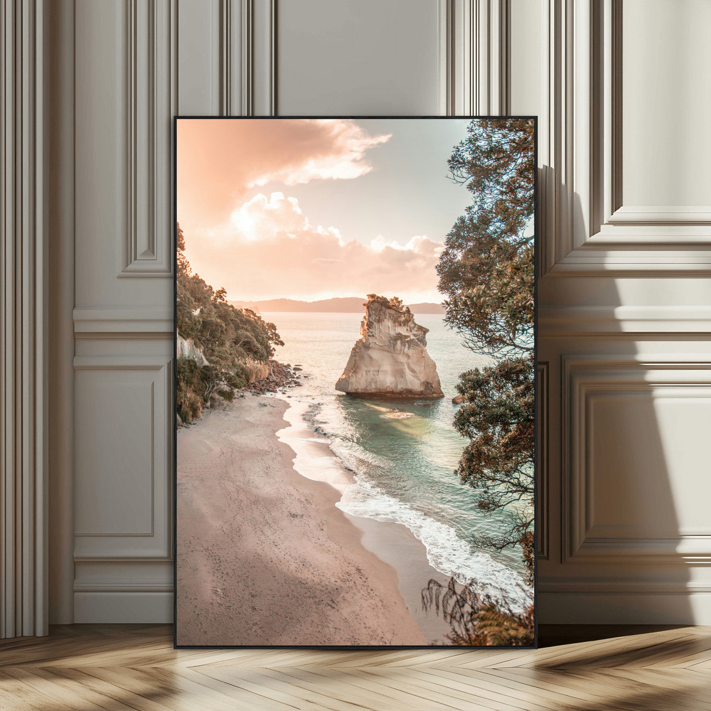 34220311-SEG-FC-51X34_Oversize_Oversize-Coastal Rock Wall Art – Sunset Beach Canvas Print with Ocean Waves and Golden Light, Scenic Seaside Photography for Bedroom,