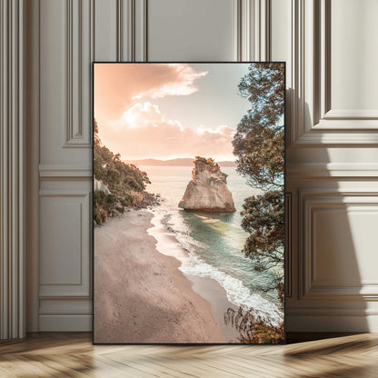 34220311-SEG-FC-51X34_Oversize_Oversize-Coastal Rock Wall Art – Sunset Beach Canvas Print with Ocean Waves and Golden Light, Scenic Seaside Photography for Bedroom,