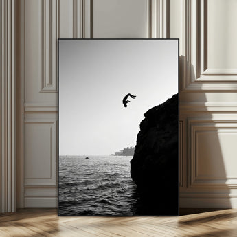 36618494-SEG-FC-51X34_Oversize_Oversize-Modern Wall Art – Cliff Diver Black and White Canvas Print, Bold Ocean Photography Decor for Bedroom, Living Room, Office, Coastal