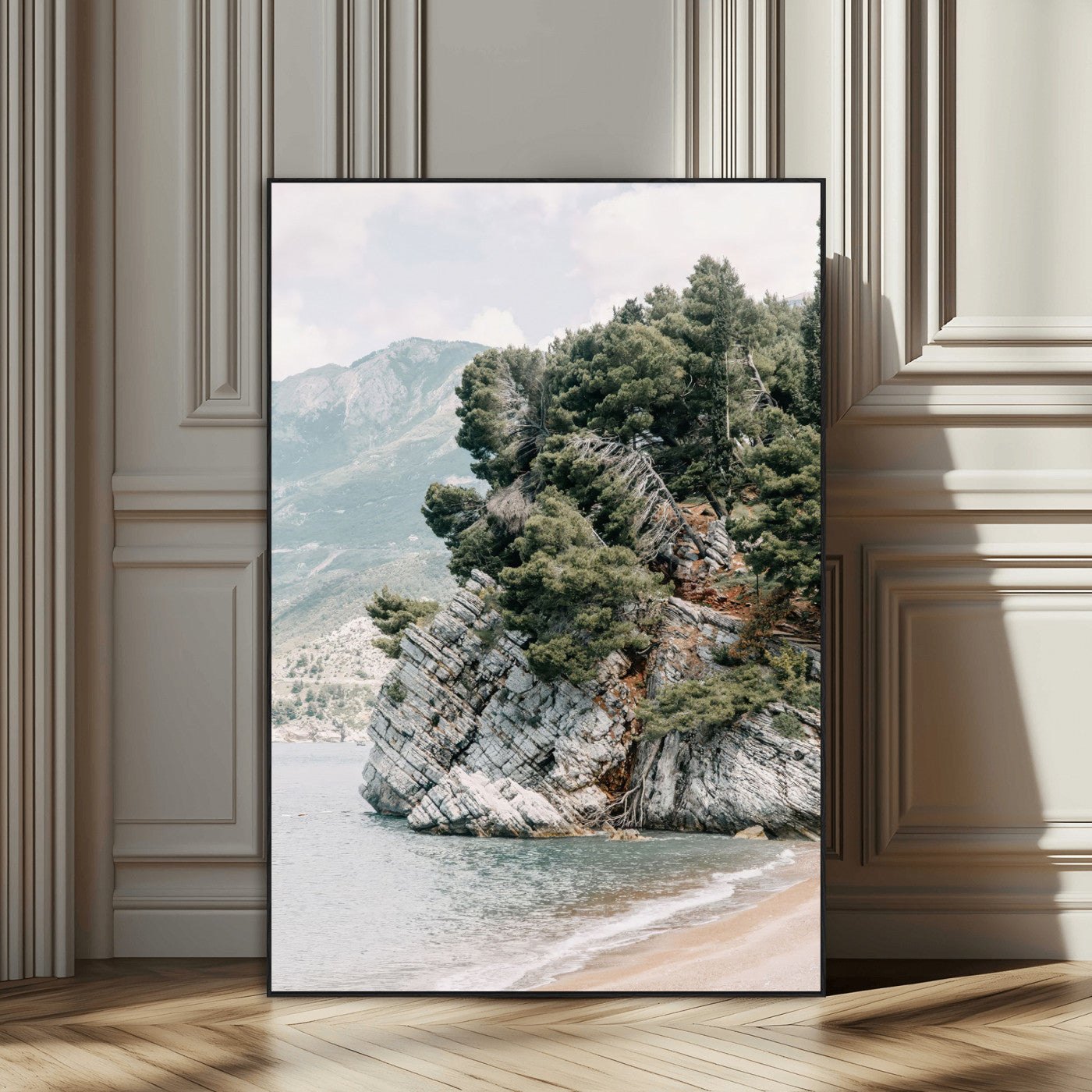 82638964-SEG-FC-51X34_Oversize_Oversize-Coastal Wall Art – Rocky Cliff and Pine Trees Canvas Print, Scenic Mountain and Shoreline Photography Decor for Bedroom, Living