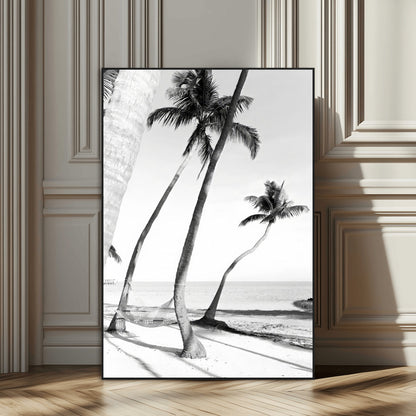 16582004-SEG-FC-51X34_Oversize_Oversize-Black and White Tropical Palm Trees Canvas Wall Art – Minimalist Coastal Photography, Large Framed Print for Home, Office, Living