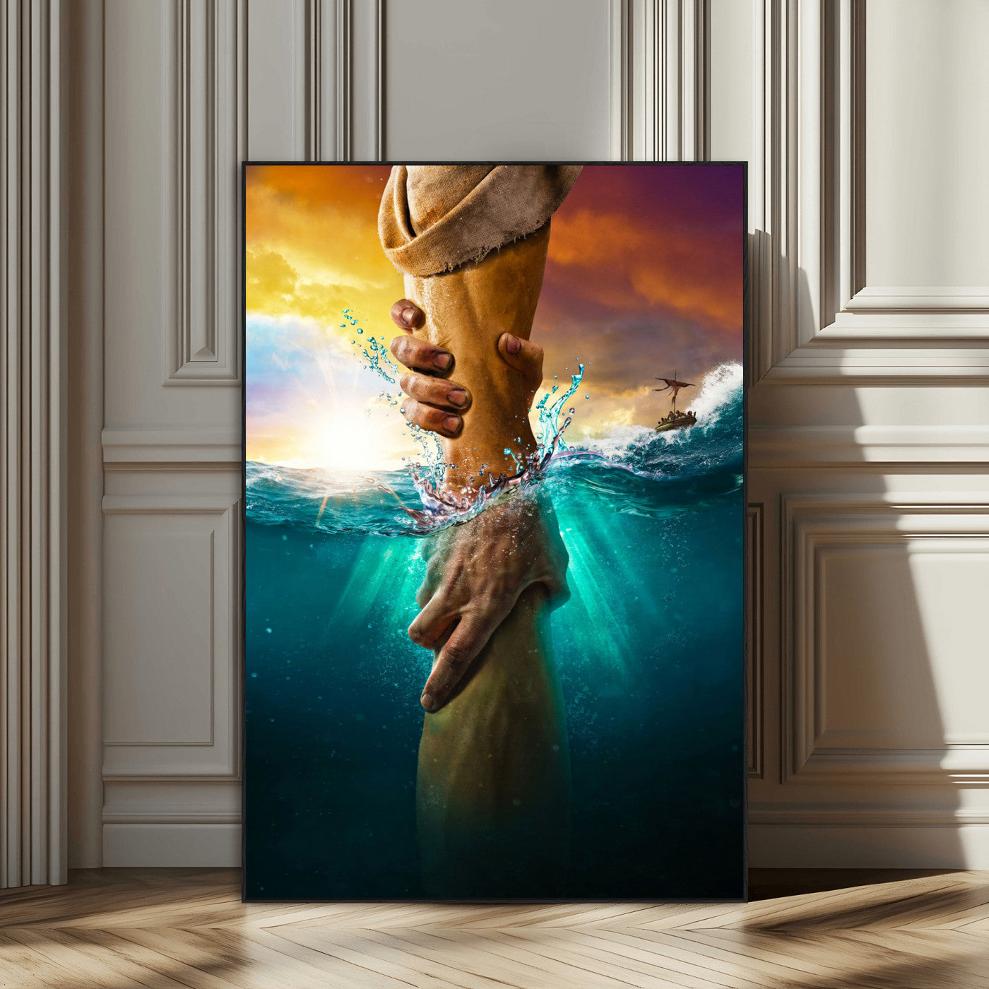 68298058-SEG-FC-51X34_Oversize_Oversize-Inspirational Wall Art – Helping Hands Canvas Print, Powerful Ocean and Light Photography Decor for Bedroom, Living Room, Office
