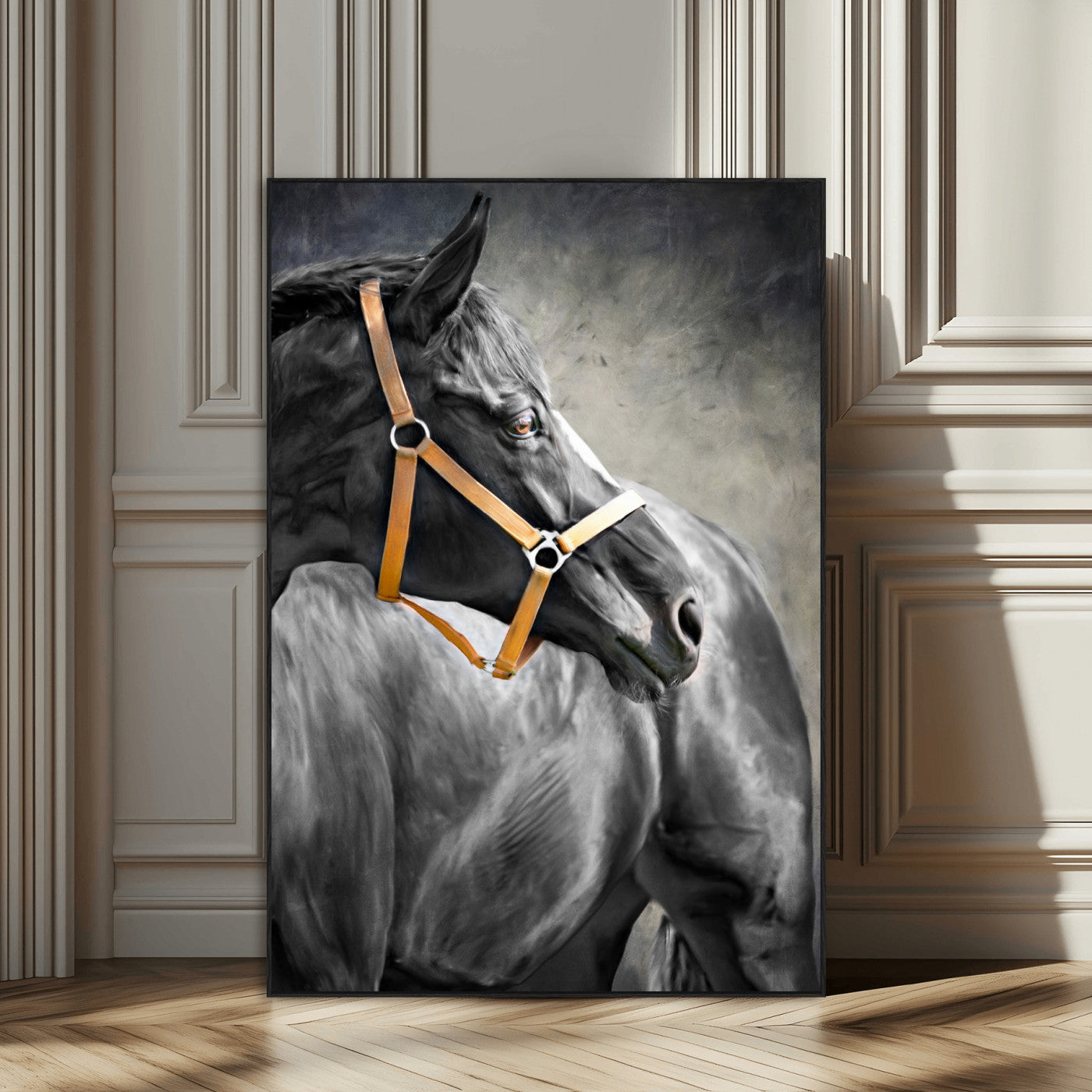 40324916-SEG-FC-51X34_Oversize_Oversize-Horse Wall Art – Equestrian Canvas Print, Elegant Black Stallion Portrait with Golden Halter, Rustic Western Photography Decor for