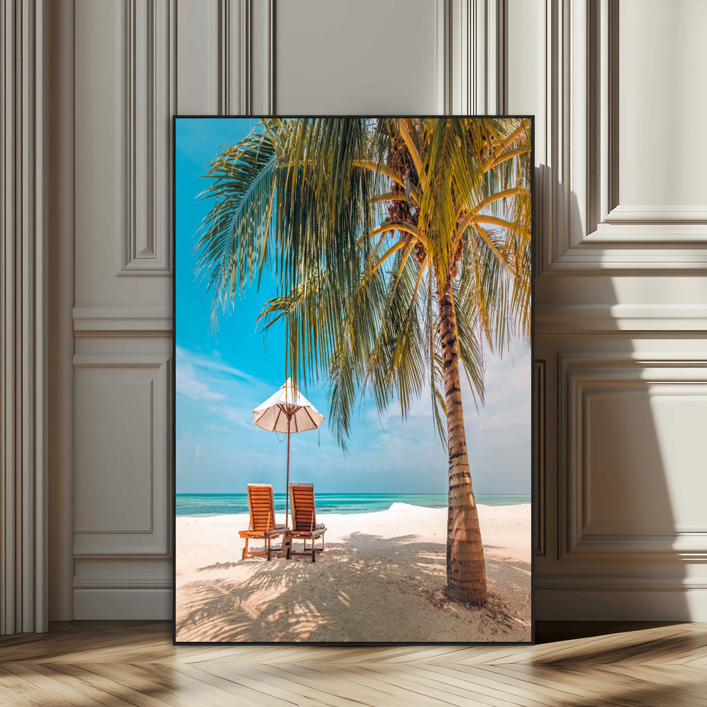 51024-MGV-CV-24X36-Tropical Beach Wall Art Canvas Print, Framed Palm Tree Art Picture Print, Sandy Shoreline Perfect Minimalist Coastal Decor Artwork