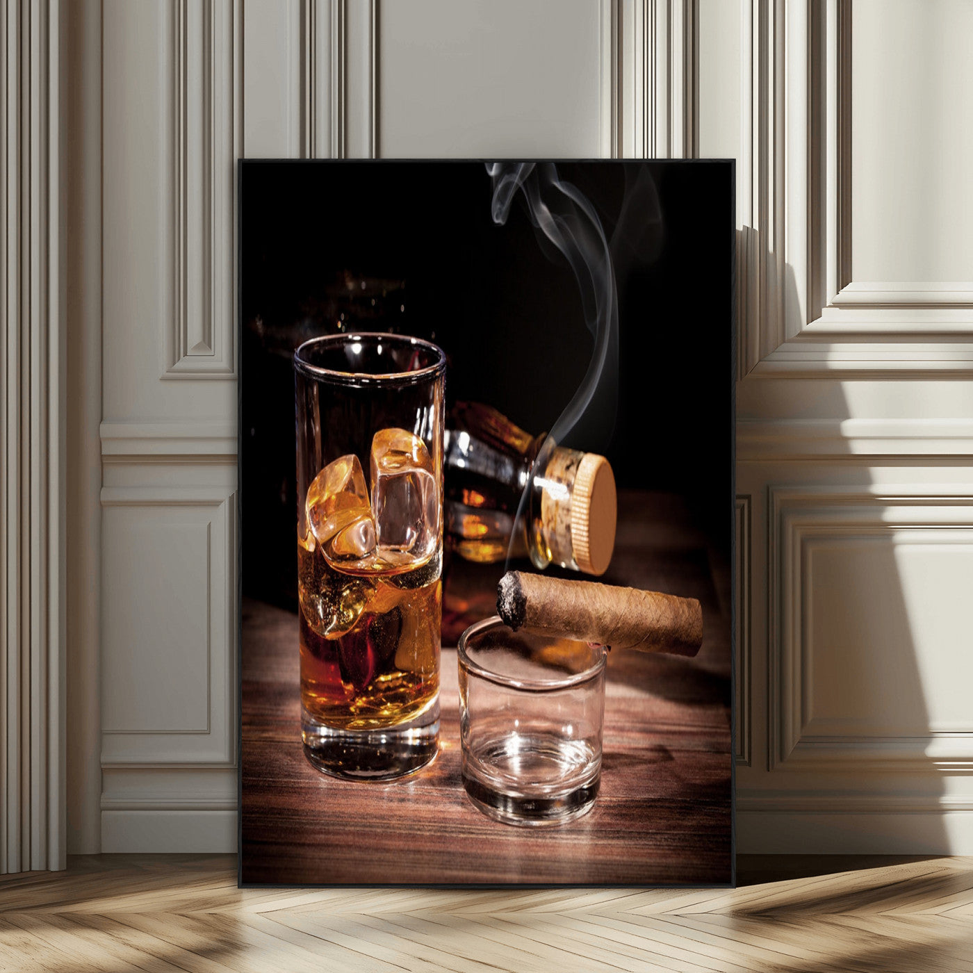 13274-SEG-FC-51X34_Oversize_Oversize-Whiskey Glass Wall Art Canvas Print, Framed Smoking Cigar Art Picture Print, Amber Whiskey Perfect Masculine Rustic Decor Artwork