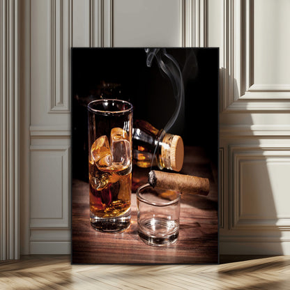 13274-SEG-FC-51X34_Oversize_Oversize-Whiskey Glass Wall Art Canvas Print, Framed Smoking Cigar Art Picture Print, Amber Whiskey Perfect Masculine Rustic Decor Artwork