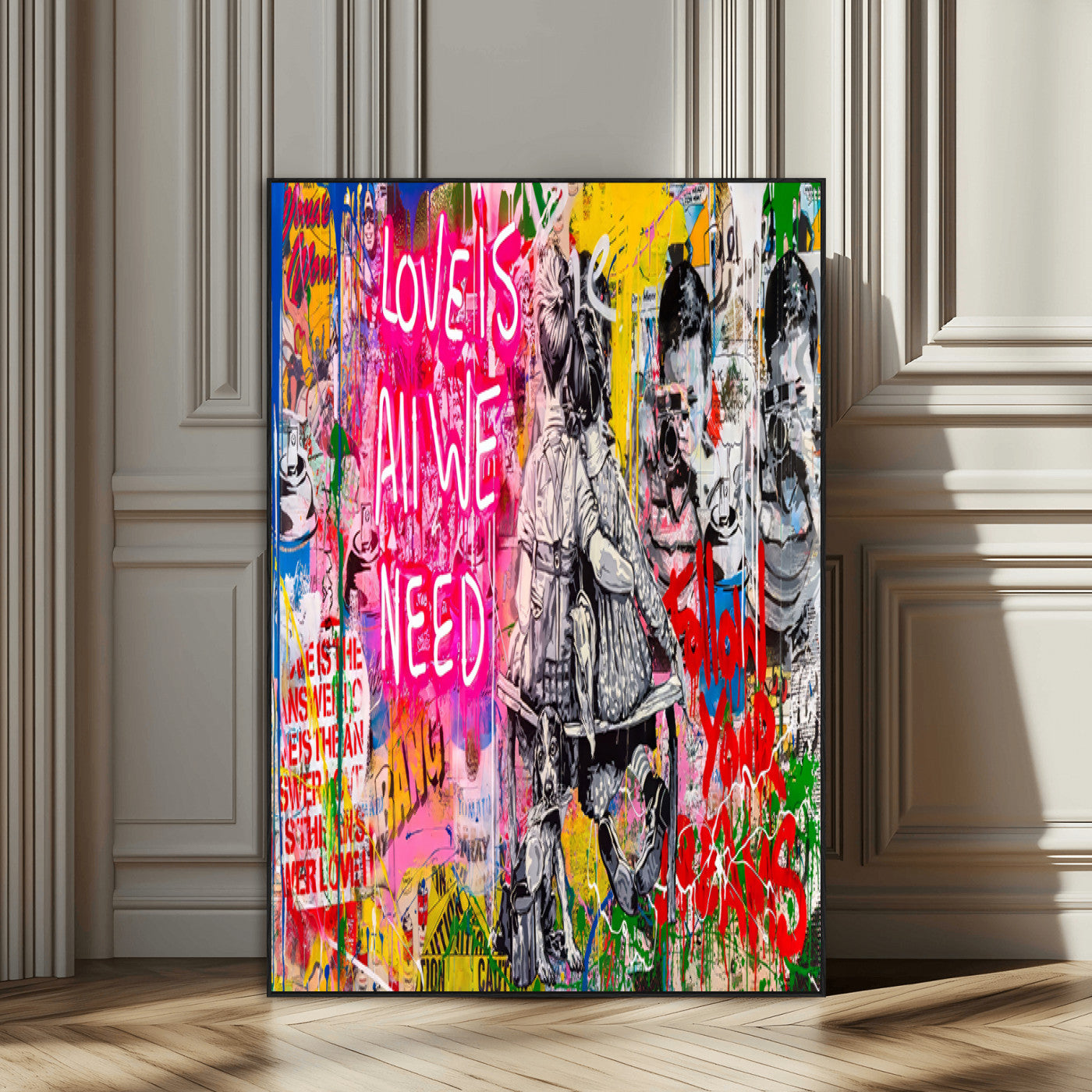 23129-SEG-FC-51X34_Oversize_Oversize-Street Love Wall Art Canvas Print, Framed Pop Graffiti Art Picture Print, Neon Lettering Perfect Urban Pop Decor Artwork