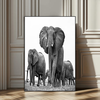 79634-SEG-FC-51X34_Oversize_Oversize-Elephant Herd Wall Art Canvas Print, Framed African Elephant Art Picture Print, Monochrome Wildlife Perfect Monochrome Safari