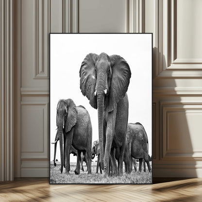 79634-SEG-FC-51X34_Oversize_Oversize-Elephant Herd Wall Art Canvas Print, Framed African Elephant Art Picture Print, Monochrome Wildlife Perfect Monochrome Safari