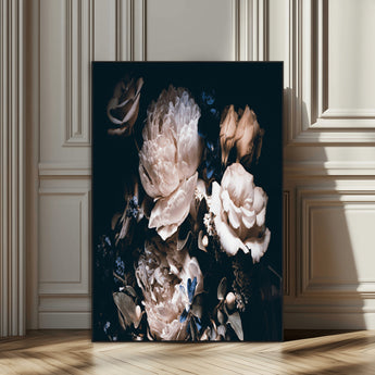 47195-SEG-FC-51X34_Oversize_Oversize-Moody Peonies Wall Art Canvas Print, Framed Dark Floral Art Picture Print, Creamy Rose Perfect Baroque Floral Decor Artwork