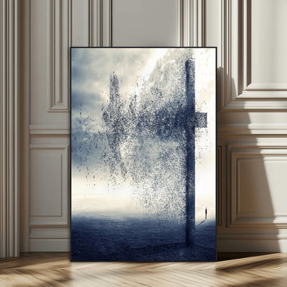 98984-SEG-FC-51X34_Oversize_Oversize-Disintegrating Cross Wall Art Canvas Print, Framed Abstract Symbol Art Picture Print, Conceptual Horizon Perfect Spiritual