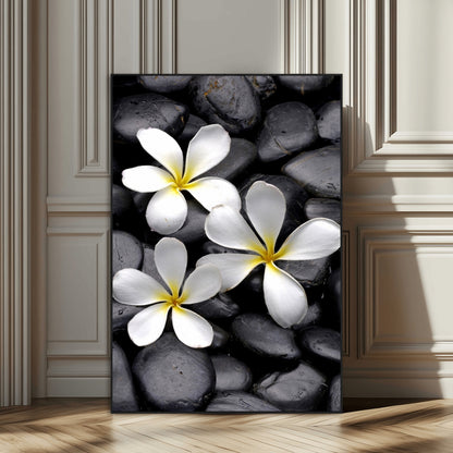 45657-SEG-FC-51X34_Oversize_Oversize-Large Wall Art White Flowers on Black Zen Meditation Stones Vertical Canvas Print