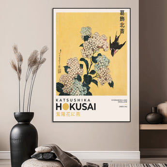 11004-MGV-CV-24X36-Hokusai Hydrangea Wall Art – Japanese Floral Canvas Print with Swallow Bird, Classic Ukiyo-e Nature Decor for Bedroom, Office or