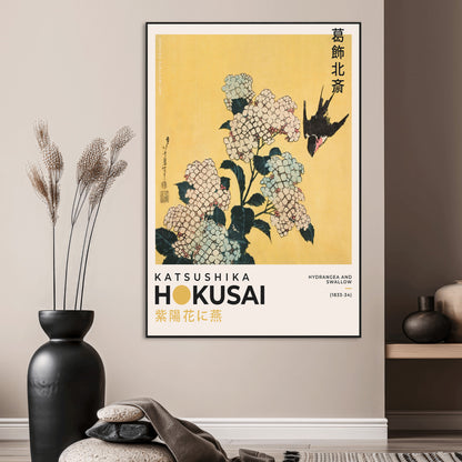11004-MGV-CV-24X36-Hokusai Hydrangea Wall Art – Japanese Floral Canvas Print with Swallow Bird, Classic Ukiyo-e Nature Decor for Bedroom, Office or
