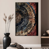 Test1-MGV-CV-24X36-Rustic Tree Ring Wall Art – Abstract Wood Grain Canvas Print, Natural Blue and Red Toned Artwork for Living Room, Bedroom, Office