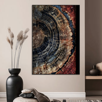 Test1-MGV-CV-24X36-Rustic Tree Ring Wall Art – Abstract Wood Grain Canvas Print, Natural Blue and Red Toned Artwork for Living Room, Bedroom, Office