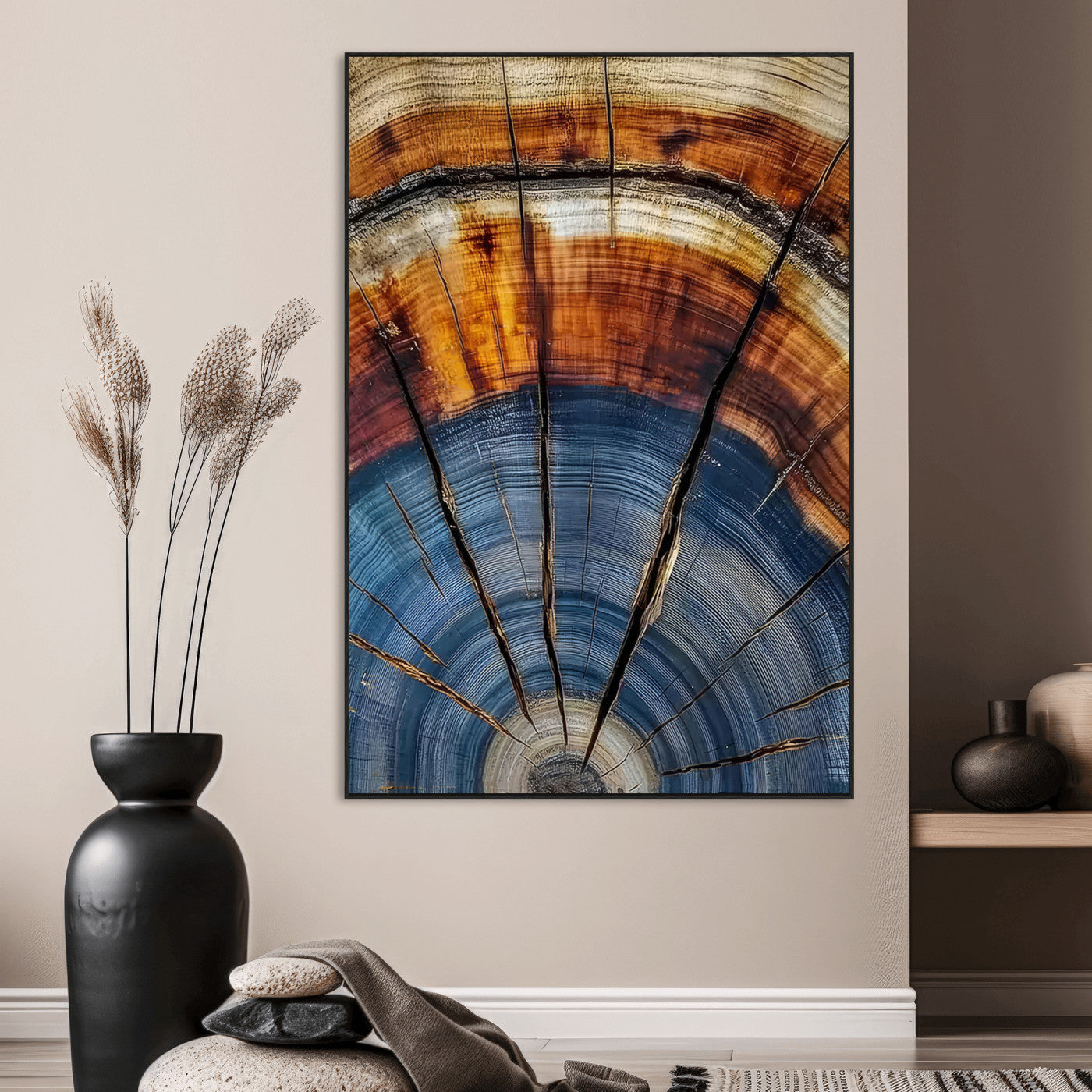 47703729-MGV-CV-24X36-Tree Rings Wall Art Canvas Print, Framed Wood Texture Art Picture Print, Blue Grain Perfect Rustic Modern Decor Artwork