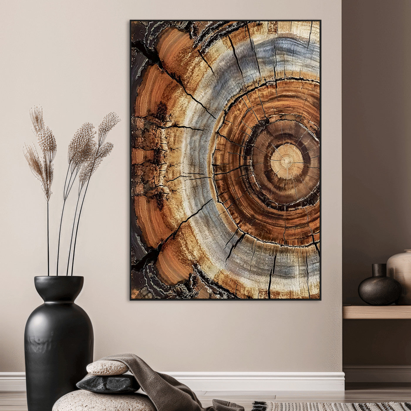28233914-SEG-FC-51X34_Oversize_Oversize-Tree Rings Wall Art Canvas Print, Framed Wood Texture Art Picture Print, Rustic Pattern Perfect Rustic Organic Decor Artwork