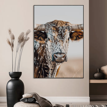 50803532-SEG-FC-51X34_Oversize_Oversize-Texas Longhorn Wall Art Canvas Print, Framed Speckled Cow Art Picture Print, Horned Bull Perfect Rustic Western Decor Artwork
