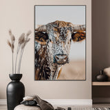 50803532-MGV-CV-24X36-Texas Longhorn Wall Art Canvas Print, Framed Speckled Cow Art Picture Print, Horned Bull Perfect Rustic Western Decor Artwork